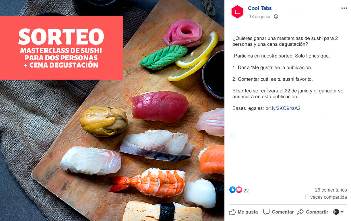 Ejemplo de publicación de sorteo en Facebook